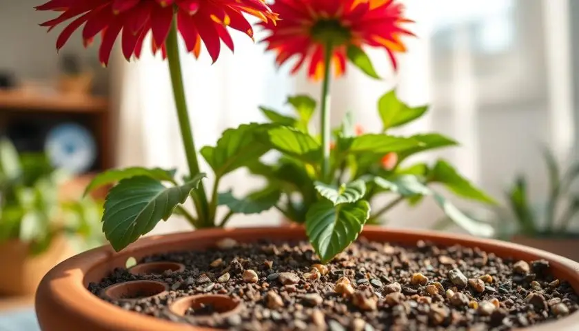 Potted chrysanthemum in a terracotta pot with drainage and fresh potting mix