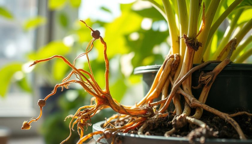 Close-up of damaged roots being inspected for signs of root rot