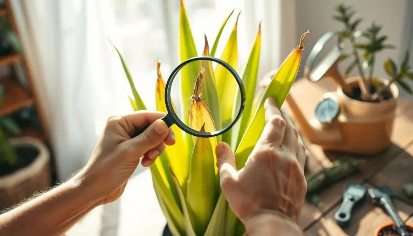 A close-up view of a yucca plant showing signs of distress, such as yellowing leaves and curling tips, set against a softly blurred indoor background. In the foreground, a gardener's hands are gently inspecting the plant, using a magnifying glass to closely examine the leaves for pests. Natural light filters in through a nearby window, creating a warm and inviting atmosphere, with shadows softly cast over the scene. The background features a rustic wooden table adorned with common plant care tools like a watering can and soil moisture meter, enhancing the plant care theme. The image conveys a mood of attentive care and concern for the plant’s well-being. A close-up view of a yucca plant showing signs of distress, such as yellowing leaves and curling tips, set against a softly blurred indoor background. In the foreground, a gardener's hands are gently inspecting the plant, using a magnifying glass to closely examine the leaves for pests. Natural light filters in through a nearby window, creating a warm and inviting atmosphere, with shadows softly cast over the scene. The background features a rustic wooden table adorned with common plant care tools like a watering can and soil moisture meter, enhancing the plant care theme. The image conveys a mood of attentive care and concern for the plant’s well-being.