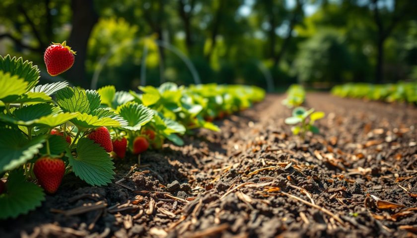 Honeoye Strawberry Plants: 11 Tips for Growing Better Fruit 4 Honeoye strawberry plants in a prepared garden bed with healthy leaves and ripe berries