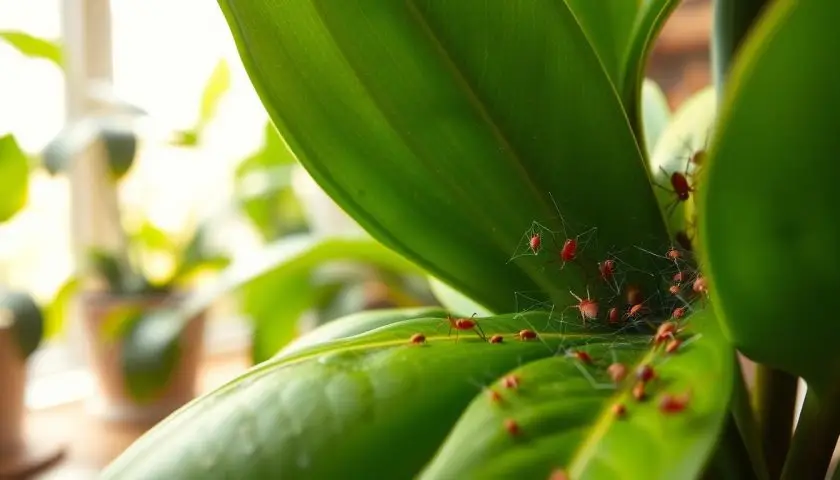 Spider mites and webbing on a green houseplant leaf