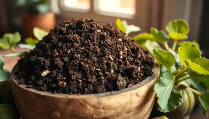 A close-up view of the best soil for fig cuttings, displayed in a rustic, natural wooden container. The rich, dark brown soil is loose and crumbly, with visible particles of perlite and vermiculite mixed in, suggesting excellent drainage properties. Surrounding the container are healthy fig cuttings with vibrant green leaves, showcasing their readiness for propagation. In the background, softly blurred, warm-toned sunlight streams through a nearby window, creating a cozy indoor atmosphere. The lighting highlights the texture of the soil and the freshness of the cuttings, evoking a sense of nurturing and growth. The scene should be inviting and detailed, emphasizing the suitability of the rooting medium for fig cuttings without any text or distractions. A close-up view of the best soil for fig cuttings, displayed in a rustic, natural wooden container. The rich, dark brown soil is loose and crumbly, with visible particles of perlite and vermiculite mixed in, suggesting excellent drainage properties. Surrounding the container are healthy fig cuttings with vibrant green leaves, showcasing their readiness for propagation. In the background, softly blurred, warm-toned sunlight streams through a nearby window, creating a cozy indoor atmosphere. The lighting highlights the texture of the soil and the freshness of the cuttings, evoking a sense of nurturing and growth. The scene should be inviting and detailed, emphasizing the suitability of the rooting medium for fig cuttings without any text or distractions.