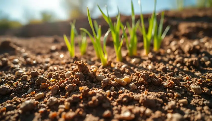 Loose, well-drained garden soil with garlic shoots emerging