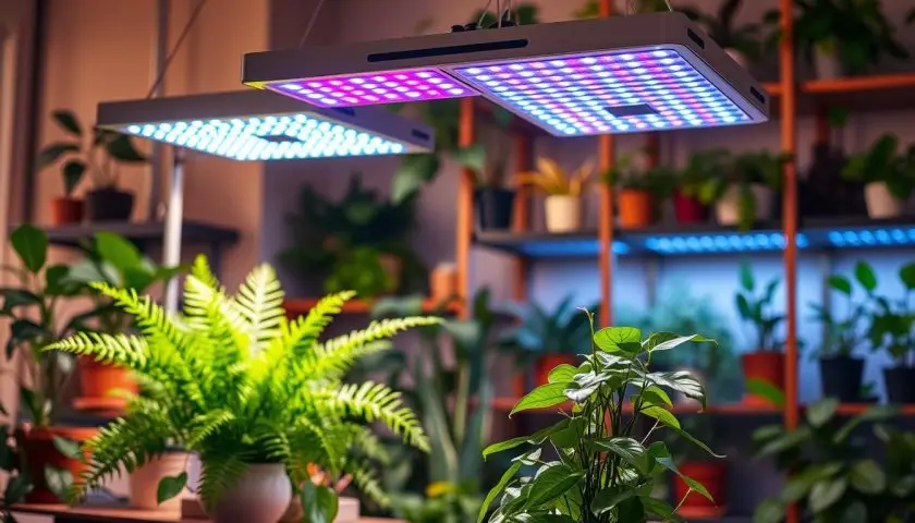Pothos and fern on a wooden shelf under LED grow lights Pothos and fern on a wooden shelf under LED grow lights