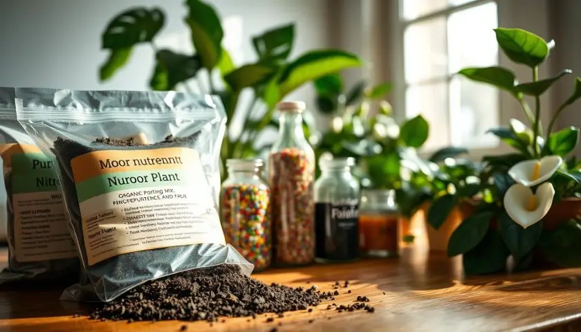 Houseplant Fertilizer Guide: When, How & What to Feed Indoor Plants 3 Houseplant nutrient products and potting medium arranged near indoor foliage plants