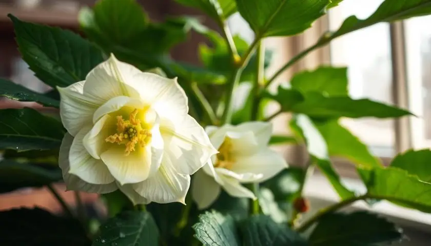 A detailed close-up of a Christmas rose plant (Helleborus niger) featuring its lush, evergreen leaves and delicate, snow-white flowers. The image captures the plant in a cozy indoor environment, with soft, natural light filtering through a nearby window, creating a warm and inviting atmosphere. The foreground showcases the intricate details of the petals, revealing subtle hints of green at the base. In the middle ground, the plant's sturdy stems and broad leaves provide structure, with droplets of water glistening on the surfaces, suggesting recent watering. The background remains softly blurred, evoking the feel of a serene winter day. The overall composition balances between the elegance of the flowers and the tranquility of seasonal indoor gardening, reflecting the beauty and care of the Christmas rose plant.