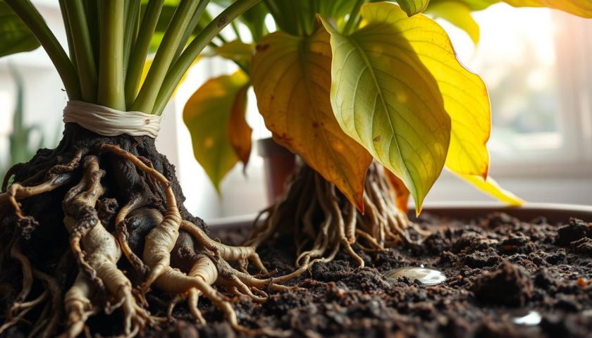 Brown mushy roots and yellow leaves showing possible root rot symptoms