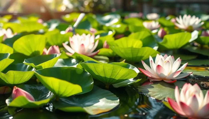 Healthy water lilies growing in a sunny outdoor pond