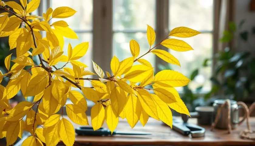 A lifelike bay tree with vibrant yellow leaves, prominently placed in the foreground, showcasing intricate leaf details and varying shades of yellow. The leaves curl slightly, indicating care issues, with some showing signs of browning edges. In the middle ground, a rustic wooden table serves as a base, complemented by a few scattered gardening tools like pruning shears and a small watering can. Soft, natural light filters in from a window in the background, casting gentle shadows and creating a warm, inviting atmosphere. The blurred background features a hint of green foliage that contrasts with the yellow leaves, emphasizing the bay tree as the main focus. The overall mood is calm and educational, capturing the essence of indoor plant care without any people or text. A lifelike bay tree with vibrant yellow leaves, prominently placed in the foreground, showcasing intricate leaf details and varying shades of yellow. The leaves curl slightly, indicating care issues, with some showing signs of browning edges. In the middle ground, a rustic wooden table serves as a base, complemented by a few scattered gardening tools like pruning shears and a small watering can. Soft, natural light filters in from a window in the background, casting gentle shadows and creating a warm, inviting atmosphere. The blurred background features a hint of green foliage that contrasts with the yellow leaves, emphasizing the bay tree as the main focus. The overall mood is calm and educational, capturing the essence of indoor plant care without any people or text.