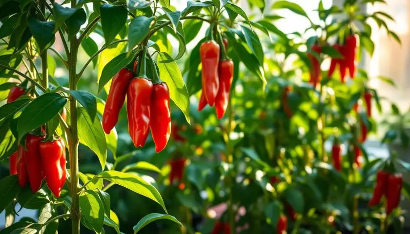 Jimmy Nardello pepper plants growing in bright warm sunlight with ripe red peppers