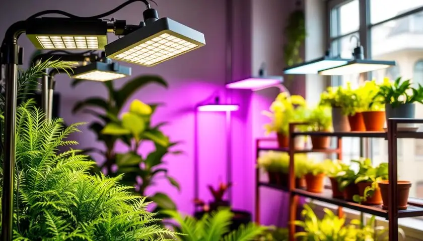 LED grow lights above houseplants on shelves LED grow lights above houseplants on shelves