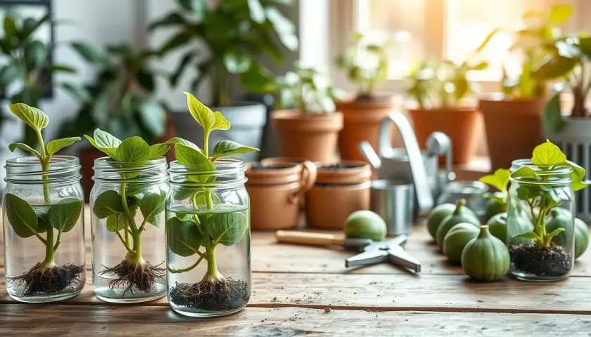 A photorealistic close-up of fig cuttings neatly arranged in a light, airy indoor setting. The foreground features healthy green fig cuttings placed in clear glass water jars, showing their roots developing. In the middle, a rustic wooden table holds soil-ready pots next to garden tools like pruning shears and a small watering can. The background displays soft-focus indoor plants and natural light streaming through a window, creating a serene, nurturing atmosphere. The overall mood is calm and inviting, highlighting the secrets of successful fig cutting propagation. The composition emphasizes the beauty of nature and the joy of gardening, with a focus on lush greenery and earthy elements. A photorealistic close-up of fig cuttings neatly arranged in a light, airy indoor setting. The foreground features healthy green fig cuttings placed in clear glass water jars, showing their roots developing. In the middle, a rustic wooden table holds soil-ready pots next to garden tools like pruning shears and a small watering can. The background displays soft-focus indoor plants and natural light streaming through a window, creating a serene, nurturing atmosphere. The overall mood is calm and inviting, highlighting the secrets of successful fig cutting propagation. The composition emphasizes the beauty of nature and the joy of gardening, with a focus on lush greenery and earthy elements.