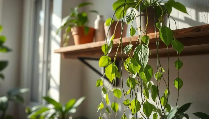 Hoya linearis with long trailing vines hanging from a shelf