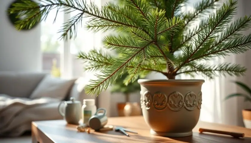 Healthy Norfolk Island pine Healthy Norfolk Island pine with plant care tools