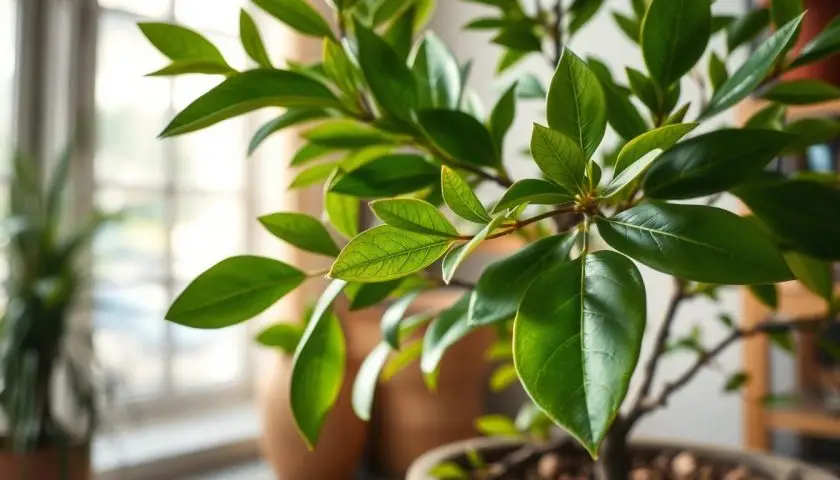 A photorealistic depiction of a healthy bay tree with lush green leaves, prominently displayed in a cozy indoor setting. In the foreground, focus on the vibrant foliage of the bay tree, showcasing its rich texture and healthy color. The middle ground features a well-maintained pot with soil rich in organic material, emphasizing proper care. The background includes soft-focus natural light streaming in from a nearby window, casting gentle highlights on the leaves, creating a warm and inviting atmosphere. The overall mood should evoke a sense of tranquility and vitality, symbolizing the restoration of bay tree health. No people or text, just a serene plant care environment. A photorealistic depiction of a healthy bay tree with lush green leaves, prominently displayed in a cozy indoor setting. In the foreground, focus on the vibrant foliage of the bay tree, showcasing its rich texture and healthy color. The middle ground features a well-maintained pot with soil rich in organic material, emphasizing proper care. The background includes soft-focus natural light streaming in from a nearby window, casting gentle highlights on the leaves, creating a warm and inviting atmosphere. The overall mood should evoke a sense of tranquility and vitality, symbolizing the restoration of bay tree health. No people or text, just a serene plant care environment.