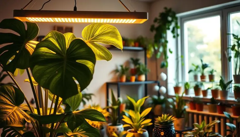 Indoor plants growing under warm-toned grow lights Indoor plants growing under warm-toned grow lights