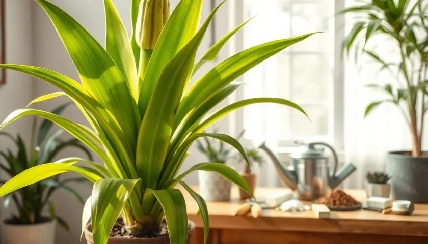 A photorealistic image depicting a vibrant yucca plant in various stages of recovery, capturing the essence of indoor plant care. The foreground features a healthy yucca with lush green leaves, showcasing bright, new growth and a well-maintained pot. In the middle ground, illustrate the tools for reviving the yucca, such as pruning shears, a watering can, and soil amendments, neatly arranged on a wooden table. The background should include soft natural light filtering through a nearby window, casting gentle shadows and highlighting the leaves’ texture. The atmosphere is serene and hopeful, emphasizing the potential for revitalization and care in every aspect of the composition. A photorealistic image depicting a vibrant yucca plant in various stages of recovery, capturing the essence of indoor plant care. The foreground features a healthy yucca with lush green leaves, showcasing bright, new growth and a well-maintained pot. In the middle ground, illustrate the tools for reviving the yucca, such as pruning shears, a watering can, and soil amendments, neatly arranged on a wooden table. The background should include soft natural light filtering through a nearby window, casting gentle shadows and highlighting the leaves’ texture. The atmosphere is serene and hopeful, emphasizing the potential for revitalization and care in every aspect of the composition.