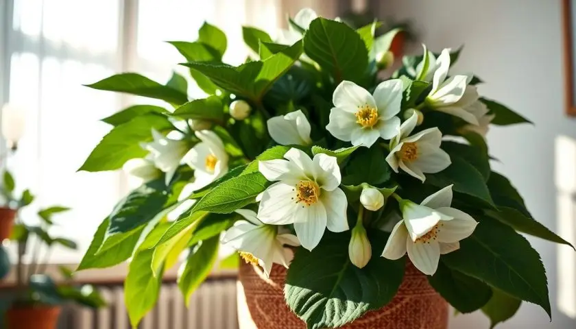 A photorealistic image of a Christmas Rose (Helleborus niger) plant elegantly displayed in a bright, shaded indoor setting. In the foreground, capture the lush, deep green foliage with prominent, waxy leaves surrounding the delicate, pure white flowers that are in various stages of bloom. The middle ground should feature a textured pot, perhaps ceramic or terracotta, that complements the plant's natural beauty. In the background, softly blurred elements like a sunlit window with sheer curtains and gentle shadows add depth and a warm atmosphere. The lighting should be natural and diffused, creating soft highlights on the flower petals, enhancing their delicate appearance. The overall mood is serene and inviting, perfect for showcasing the beauty and care of the Christmas rose plant.