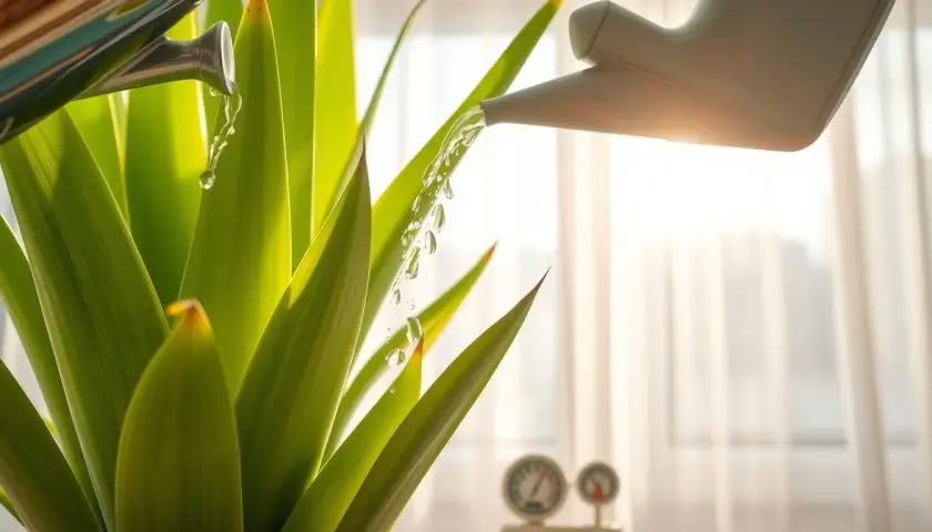 A photorealistic image of a healthy yucca plant in a well-lit indoor setting. In the foreground, a watering can is gently pouring water at the base of the yucca, showcasing proper watering techniques. The leaves of the yucca are vibrant green, with a few showing slight browning to indicate water stress. In the middle ground, there's a humidity meter and a small thermometer, indicating optimal light and temperature conditions for the plant. The background is softly blurred, featuring a sunlit window with sheer curtains allowing natural light to filter through, creating a warm, inviting atmosphere that emphasizes care and vitality. The overall mood is calm and nurturing, ideal for a home or office environment dedicated to plant care. A photorealistic image of a healthy yucca plant in a well-lit indoor setting. In the foreground, a watering can is gently pouring water at the base of the yucca, showcasing proper watering techniques. The leaves of the yucca are vibrant green, with a few showing slight browning to indicate water stress. In the middle ground, there's a humidity meter and a small thermometer, indicating optimal light and temperature conditions for the plant. The background is softly blurred, featuring a sunlit window with sheer curtains allowing natural light to filter through, creating a warm, inviting atmosphere that emphasizes care and vitality. The overall mood is calm and nurturing, ideal for a home or office environment dedicated to plant care.