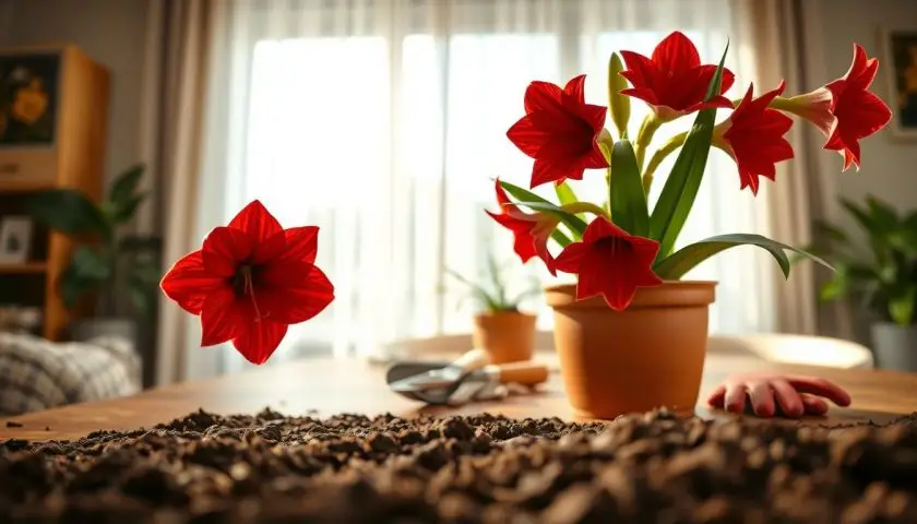 Amaryllis with red flowers in a terracotta pot near a bright window