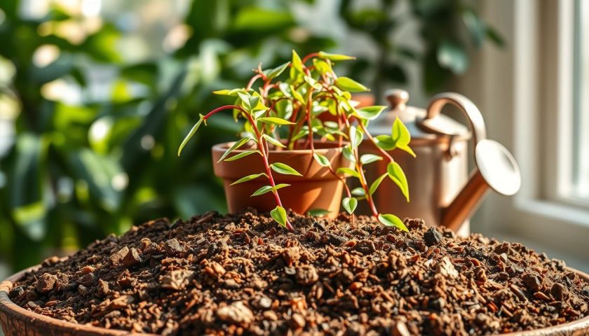 Chunky potting mix with bark and perlite for hoya linearis in a terracotta pot