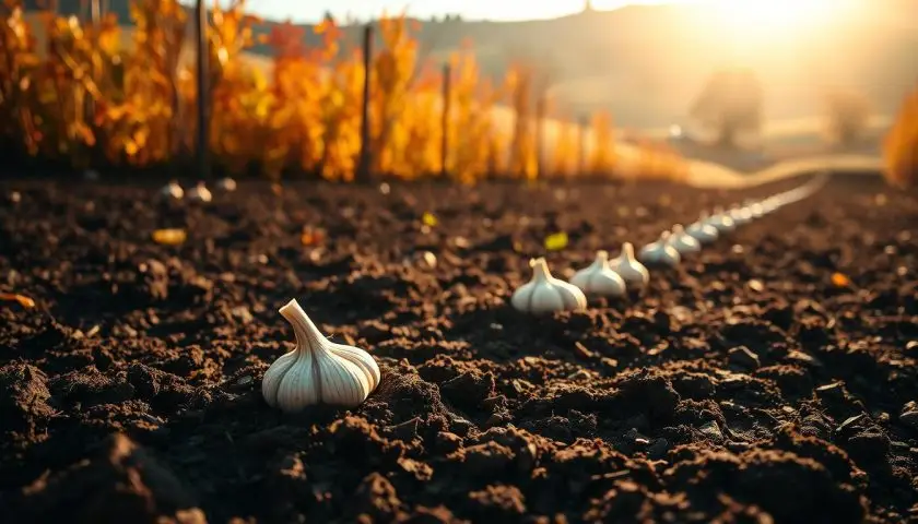 Garlic cloves being planted in freshly turned soil in autumn