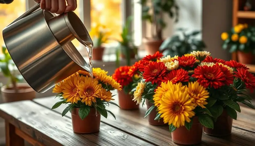 Hands watering potted mums with a watering can