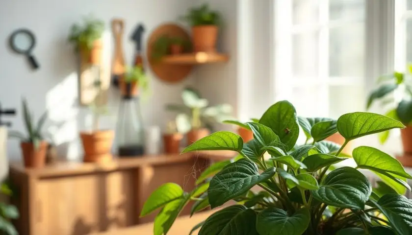 Infested houseplant isolated on a table for inspection