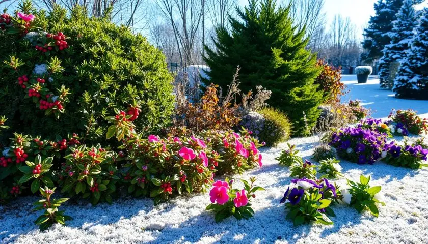17 Winter Plants for Outside: Hardy Picks for Cold Weather 3 Outdoor winter garden with hardy evergreen shrubs and colourful cold-season flowers