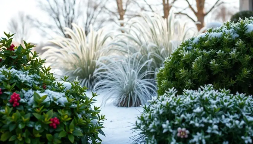 17 Winter Plants for Outside: Hardy Picks for Cold Weather 2 Hardy winter outdoor garden featuring evergreen shrubs and ornamental plants in snow