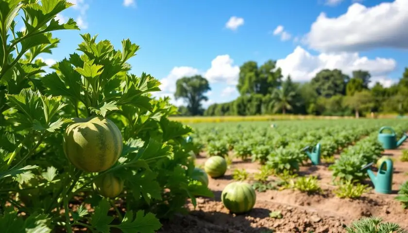 Crimson Sweet Watermelon: 11 Planting & Growing Tips 2 Crimson Sweet watermelon plants growing in a sunny garden
