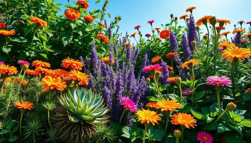17 Outdoor Plants That Love Direct Sunlight 2 Outdoor plants that like direct sunlight including colorful flowers and succulents in a sunny garden
