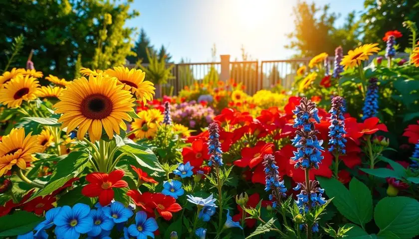 17 Outdoor Plants That Love Direct Sunlight 4 Sunny garden featuring colorful flowering plants including marigolds and geraniums