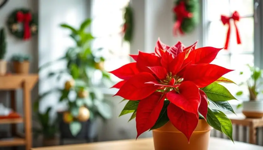 Poinsettia with red bracts in a terracotta pot Poinsettia with red bracts in a terracotta pot