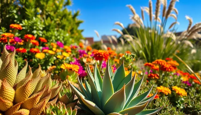 17 Outdoor Plants That Love Direct Sunlight 5 Drought-tolerant outdoor plants growing in a sunny landscape with succulents and flowering plants