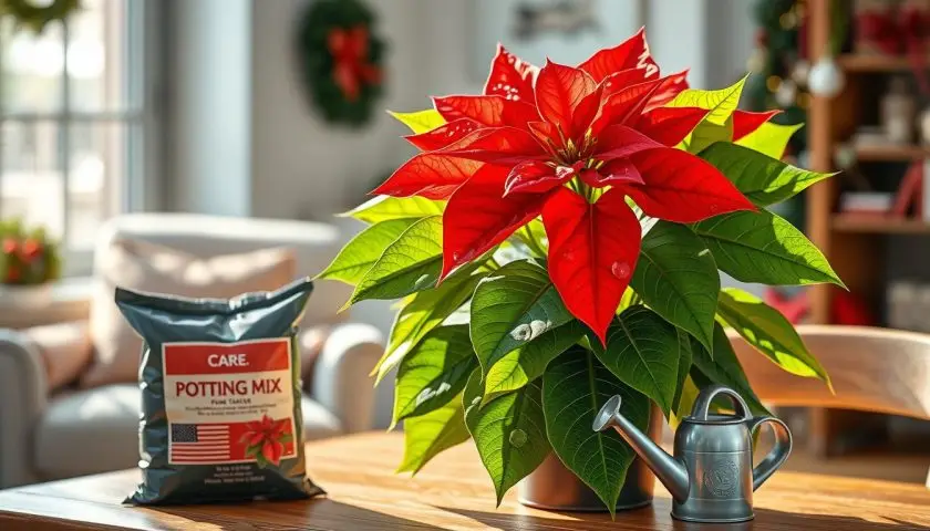 Healthy poinsettia near a window with a small watering can Healthy poinsettia near a window with a small watering can