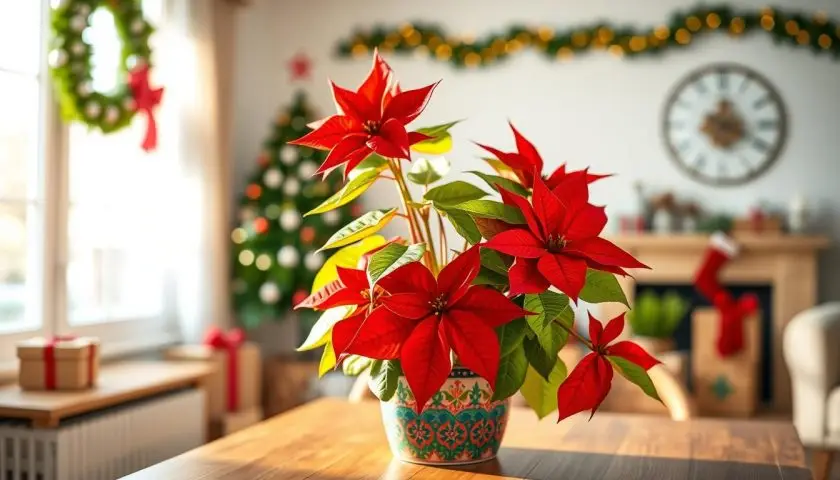 Red poinsettia on a wooden table near a bright window