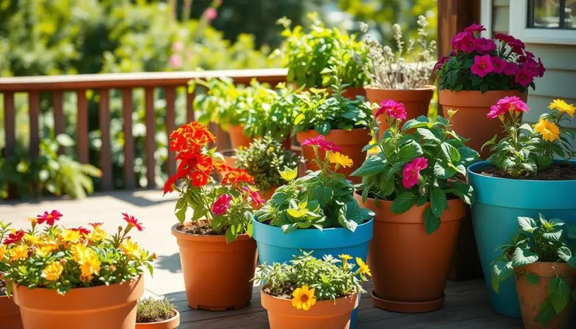 15 Low-Maintenance Outdoor Potted Plants for Full Sun 3 full sun potted plants on a sunny patio