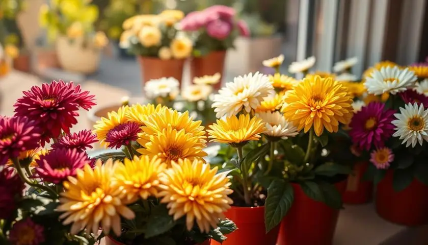 Purple, yellow and white garden mum varieties in pots