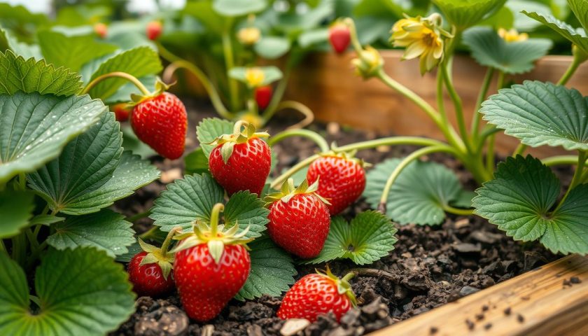 Honeoye Strawberry Plants: 11 Tips for Growing Better Fruit 3 Healthy Honeoye strawberries growing in a raised garden bed with green leaves and ripe fruit