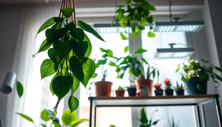 Houseplants on a shelf under adjustable LED grow lights Houseplants on a shelf under adjustable LED grow lights