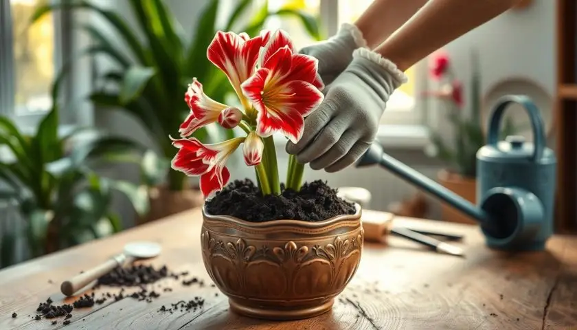 Hands potting an amaryllis bulb into a decorative pot with fresh potting mix