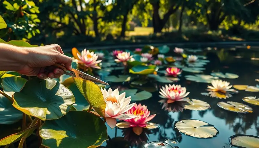 Water lily maintenance in a pond with pink and white blooms