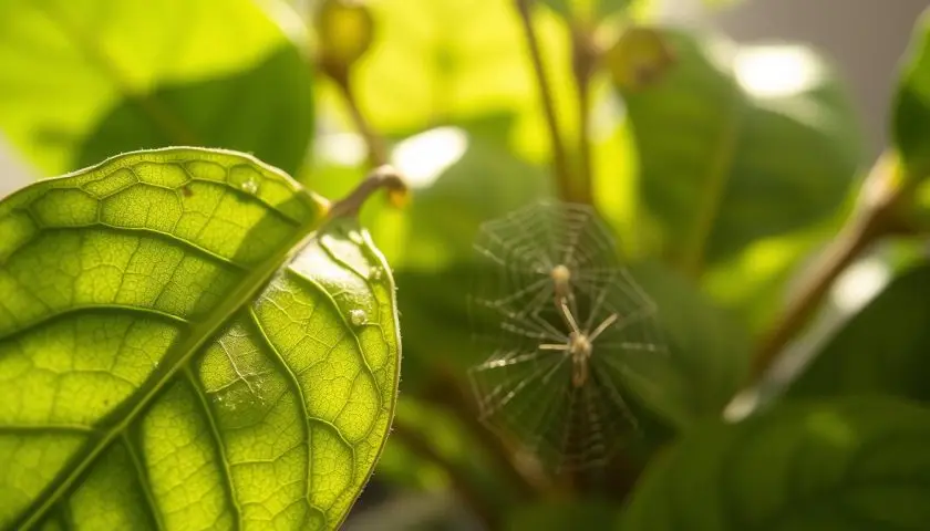 Stippled leaf damage and fine webbing from spider mites
