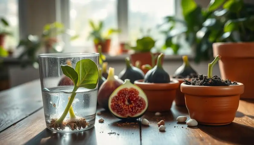 Fig cuttings arranged artistically on a wooden table, showcasing different propagation methods, such as water rooting and soil planting. In the foreground, a healthy cutting with a green leaf and visible nodes rests in a glass of water, sunlight streaming through, creating soft reflections. In the middle, various other cuttings are placed in terracotta pots filled with rich soil, adorned with earthy textures and small pebbles. The background features a softly blurred window with gentle light illuminating the scene, while hints of greenery from other houseplants create a vibrant, natural atmosphere. The overall mood is serene and focused, emphasizing the beauty and simplicity of fig propagation, with a warm color palette highlighting the natural materials. Photorealistic, high-resolution imagery captured at eye level, inviting viewers to appreciate the art of plant care. Fig cuttings arranged artistically on a wooden table, showcasing different propagation methods, such as water rooting and soil planting. In the foreground, a healthy cutting with a green leaf and visible nodes rests in a glass of water, sunlight streaming through, creating soft reflections. In the middle, various other cuttings are placed in terracotta pots filled with rich soil, adorned with earthy textures and small pebbles. The background features a softly blurred window with gentle light illuminating the scene, while hints of greenery from other houseplants create a vibrant, natural atmosphere. The overall mood is serene and focused, emphasizing the beauty and simplicity of fig propagation, with a warm color palette highlighting the natural materials. Photorealistic, high-resolution imagery captured at eye level, inviting viewers to appreciate the art of plant care.