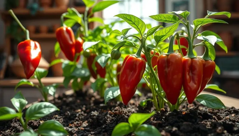 Jimmy Nardello pepper plants growing in fertile well-drained soil with healthy fruit