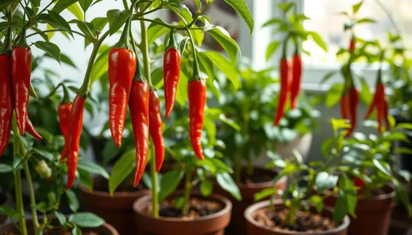 Jimmy Nardello pepper plants bearing long bright red sweet peppers and healthy green leaves